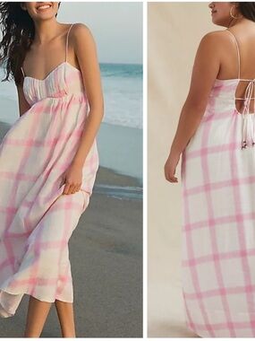 Maeve Anthropologie Linen Pink White Plaid Tie-Back Boho Maxi Dress size S